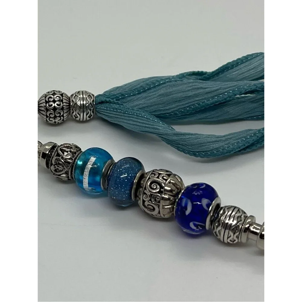 Hand-Crafted Blue Silver Silk Tassel Beaded Purse Charm Keychain NWT